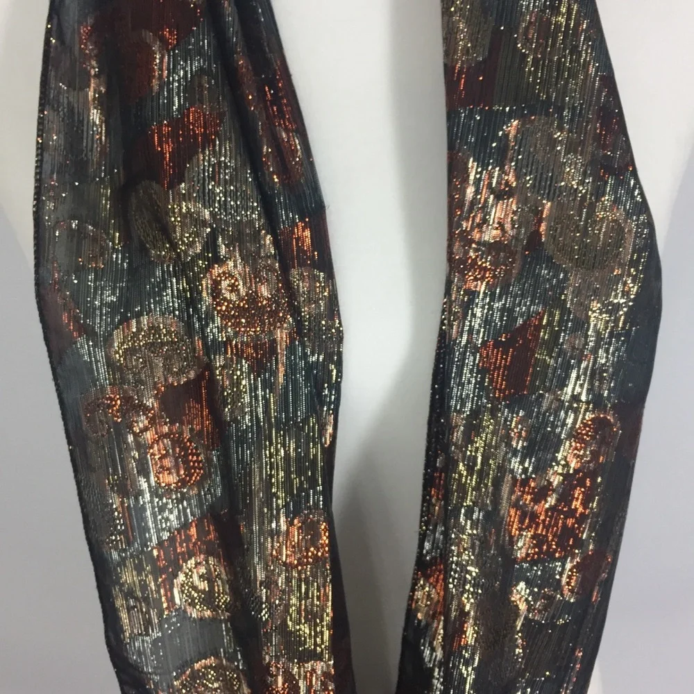 Vintage Scarf Metallic Silver Gold Copper Black Warm Fall Colors - Picture 6 of 13